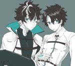 2boys black_hair blue_eyes charlemagne_(fate) command_spell fate/extella fate/extella_link fate/extra fate/grand_order fate_(series) fujimaru_ritsuka_(male) grey_background kagariflame look-alike male_focus multicolored_hair multiple_boys open_mouth short_hair simple_background sweatdrop two-tone_hair 