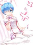  1girl blue_eyes blue_hair dress haikei hair_ornament hair_over_one_eye hat neck_ribbon nurse nurse_cap open_mouth pink_ribbon re:zero_kara_hajimeru_isekai_seikatsu rem_(re:zero) ribbon short_dress short_hair short_sleeves sitting solo thigh-highs white_background white_dress white_legwear 