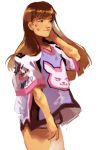  1girl brown_hair casual d.va_(overwatch) jersey long_hair nail_polish overwatch shorts sketch solo thighs velocesmells whisker_markings white_background 