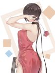  1girl ada_wong black_hair collar dress facing_away flower gun highres mirrorstar red_dress resident_evil rose short_hair sketch solo standing weapon 