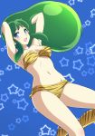  1girl :d animal_print arms_behind_head bare_shoulders bikini blue_background blue_eyes blush boots breasts fang green_hair horns kuroda_akimi long_hair lum medium_breasts midriff navel oni oni_horns open_mouth sidelocks smile solo star starry_background swimsuit tiger_print urusei_yatsura 