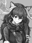  1girl crossed_arms greyscale highres kemono_friends monochrome moose_(kemono_friends) scarf shiba_itsuki signature smile 