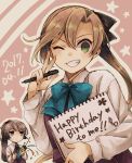  2017 2girls akigumo_(kantai_collection) black_ribbon blue_eyes brown_hair cowboy_shot dated english green_eyes grin hair_ribbon happy_birthday kantai_collection kazagumo_(kantai_collection) long_hair looking_at_viewer miroku_san-ju multiple_girls party_popper pen ponytail ribbon school_uniform sketchbook smile solo_focus v 