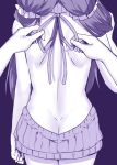  1girl arm_at_side ass back bare_back butt_crack clenched_hand commentary_request cowboy_shot dimples_of_venus dress from_behind highres love_live! love_live!_school_idol_project meme_attire monochrome open-back_dress pov pov_hands purple scrunchie sky_(freedom) solo_focus toujou_nozomi turtleneck twintails tying virgin_killer_sweater 
