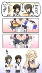  3girls black_eyes black_hair blonde_hair breasts closed_eyes comic commentary_request cup drinking_glass drinking_straw elbow_gloves fingerless_gloves front-tie_top fubuki_(kantai_collection) gloves hair_between_eyes iowa_(kantai_collection) isonami_(kantai_collection) kantai_collection large_breasts long_hair low_ponytail misumi_(niku-kyu) multiple_girls neckerchief ponytail school_uniform serafuku short_ponytail speech_bubble translation_request 
