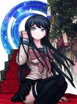  1girl arm_support black_hair black_skirt blue_eyes bow bowtie dangan_ronpa dangan_ronpa_1 floating_hair grey_shirt hair_ornament hand_in_hair highres long_hair looking_up maizono_sayaka miniskirt official_style pink_bow pink_bowtie pleated_skirt ryuuhou_(urs87) school_uniform shirt sitting skirt smile solo thigh-highs zettai_ryouiki 