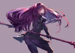  1girl ass bodysuit fate/grand_order fate_(series) grey_background hair_intakes highres long_hair looking_at_viewer looking_back open_mouth polearm red_eyes rolua scathach_(fate/grand_order) shoulder_pads skirt solo spear violet_eyes weapon 