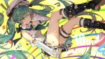  1girl anniversary boots detached_sleeves floating_hair garters green_eyes green_hair hat hatsune_miku highres lf long_hair looking_at_viewer skirt solo spring_onion star twintails very_long_hair vocaloid yellow_background 