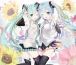  2girls ;3 ;d anniversary aqua_hair aqua_nails aqua_necktie bangs black_legwear blue_eyes breasts character_name detached_sleeves dual_persona english eyebrows_visible_through_hair floral_background flower frilled_shirt frills hair_ornament hatsune_miku head_to_head highres long_hair looking_at_viewer medium_breasts multiple_girls nail_polish necktie number ok_sign one_eye_closed open_mouth petals pleated_skirt pointing pointing_up shirt skirt smile star star_print sunflower thigh-highs twintails very_long_hair vocaloid wing_collar yuzuaji 