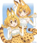 1girl :3 :d animal_ears armpit_peek bare_shoulders blonde_hair blush_stickers bow bowtie breast_pocket breasts commentary_request dot_nose elbow_gloves eyebrows_visible_through_hair gloves hair_between_eyes kemono_friends light_brown_eyes looking_at_viewer medium_breasts multiple_views open_mouth paw_pose pocket serval_(kemono_friends) serval_ears serval_print serval_tail shirt short_hair signature skirt smile tail umiroku white_gloves white_shirt yellow_skirt 