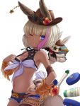  &gt;;p 1girl belt bikini_tan blue_eyes breasts brown_hat brown_legwear chloe_(granblue_fantasy) closed_mouth commentary demon_wings denim denim_shorts erun_(granblue_fantasy) eyebrows_visible_through_hair front-tie_top granblue_fantasy hand_on_hip hat looking_at_viewer medium_breasts multicolored_hair pink_hair rusha_(r_style) short_shorts shorts simple_background single_thighhigh smile solo star streaked_hair sunglasses tan tanline thigh-highs two-tone_hair white_background white_bikini_top white_hair wings 