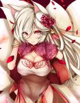  1girl animal_ears breasts flower flower_knight_girl fox_ears fox_tail hair_flower hair_ornament higanbana_(flower_knight_girl) japanese_clothes large_breasts long_hair looking_at_viewer multiple_tails petals red_eyes smile solo suzume_(simple0091) tail white_hair wide_sleeves 
