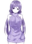  1girl arms_at_sides arms_behind_back breasts commentary_request cowboy_shot highres large_breasts long_hair looking_at_viewer love_live! love_live!_school_idol_project meme_attire monochrome purple ribbed_sweater simple_background sky_(freedom) sleeveless smile solo sweater toujou_nozomi turtleneck turtleneck_sweater twintails virgin_killer_sweater white_background 