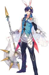  1boy animal_ears axe blue_eyes blue_hair cape ebira fire_emblem fire_emblem:_kakusei fire_emblem_heroes full_body gloves highres krom male_focus official_art rabbit_ears short_hair smile solo weapon 