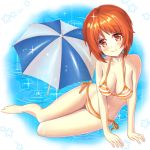  1girl arm_support bikini blush breasts brown_hair cleavage dress girls_und_panzer groin medium_breasts navel nishizumi_miho ocean short_dress side-tie_bikini smile solo swimsuit thigh_gap umbrella water wet yuru_melon 