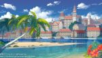  beach blue_sky building castle chai_(yoship) chair city clouds cloudy_sky commentary_request day flower grass no_humans official_art outdoors palm_tree parasol sand scenery shinkai_no_valkyrie shore sky tower tree umbrella watermark web_address 