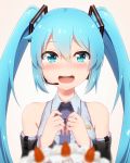  1girl abmayo aqua_eyes bare_shoulders blue_hair blue_necktie blurry blush cake detached_sleeves eyebrows_visible_through_hair food hatsune_miku headset long_hair looking_at_viewer necktie open_mouth smile solo strawberry_shortcake tears twintails upper_body vocaloid 