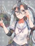  1girl amagiri_(kantai_collection) black_hair glasses grey-framed_eyewear grey_eyes grey_sailor_collar grey_skirt grin itomugi-kun kantai_collection long_hair machinery pleated_skirt sailor_collar school_uniform serafuku short_sleeves side_ponytail skirt smile solo turret very_long_hair 