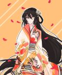  1girl black_hair floral_print japanese_clothes kimono long_hair looking_at_viewer mao_(expuella) obi sash solo tales_of_(series) tales_of_berseria velvet_crowe yellow_eyes 