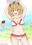  1girl :3 :d animal_ears armpits arms_up ball bangs bare_arms bare_legs bare_shoulders beach beachball bikini blonde_hair blush breasts commentary_request contrapposto cowboy_shot eyebrows_visible_through_hair fang frilled_bikini frills fur_collar gluteal_fold grass hair_between_eyes holding holding_ball kemono_friends large_breasts light_brown_eyes lion_(kemono_friends) lion_ears lion_tail looking_at_viewer medium_hair navel ocean open_mouth side-tie_bikini slit_pupils smile solo standing swimsuit tail umiroku water white_bikini 