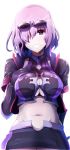  1girl :d absurdres adapted_costume black_gloves black_skirt breasts cleavage cowboy_shot cropped_jacket elbow_gloves fate/grand_order fate_(series) gloves groin hair_over_one_eye highres jacket large_breasts looking_at_viewer navel open_clothes open_jacket open_mouth purple_hair shielder_(fate/grand_order) short_hair skirt smile solo stomach sunglasses violet_eyes wadakazu 