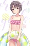  1girl bikini black_eyes blush flat_chest frilled_bikini frills fukahire_sanba grey_hair idolmaster idolmaster_cinderella_girls innertube looking_at_viewer open_mouth otokura_yuuki short_hair smile solo swimsuit 