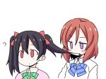  2girls ? black_hair blue_bow blue_bowtie blush bow bowtie cardigan chewing eating_hair green_bow green_bowtie hair_between_eyes hair_in_mouth looking_at_another love_live! love_live!_school_idol_project multiple_girls nekotoufu nishikino_maki no_nose pink_shirt red_eyes redhead shirt short_hair striped striped_bow striped_bowtie upper_body violet_eyes white_background white_shirt yazawa_nico 