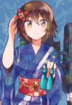  1girl alternate_costume brown_eyes brown_hair furutaka_(kantai_collection) hair_ornament holding itomugi-kun japanese_clothes kantai_collection kimono long_sleeves machinery obi sash short_hair smile solo wide_sleeves yukata 