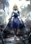  1girl after_battle ahoge armor artoria_pendragon_(all) blonde_hair blood clouds cloudy_sky dress excalibur fate/stay_night fate_(series) flag green_eyes looking_at_viewer nine_(liuyuhao1992) rain revision saber sad sky solo standard_bearer sword torn_clothes weapon 