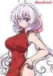  1girl ahoge breasts china_dress chinese_clothes dress hands_on_hips impossible_clothes large_breasts long_hair looking_at_viewer mutsuki_riichi purple_hair red_dress senki_zesshou_symphogear side_slit simple_background smile solo twintails twitter_username very_long_hair white_background yukine_chris 