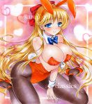  1girl aino_minako animal_ears artist_name at_classics bangs bare_shoulders between_legs bishoujo_senshi_sailor_moon blonde_hair blue_bow blue_bowtie blue_eyes blush bow bowtie breast_hold breasts brown_legwear bunny_tail bunnysuit cleavage closed_mouth detached_collar earrings eyebrows_visible_through_hair hair_bow hand_between_legs heart high_heels jewelry large_breasts long_hair looking_at_viewer orange_legwear pantyhose rabbit_ears red_bow sample sidelocks sitting smile solo tail traditional_media very_long_hair wariza watermark wrist_cuffs 