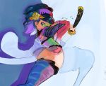  1girl ass bard-bot black_hair comb commentary drawing drawing_sword flower hair_flower hair_ornament highres looking_at_viewer looking_to_the_side momohime oboro_muramasa purple_legwear red_eyes short_hair sketch solo thick_thighs thigh-highs thighs 