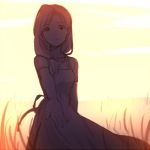  1girl apron artist_request clouds dress expressionless eyebrows_visible_through_hair field fullmetal_alchemist green_eyes long_hair looking_at_viewer outstretched_hand sepia simple_background sky solo_focus tied_hair trisha_elric 