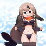  1girl :d bare_shoulders bikini black_bikini blurry blurry_background breasts breasts_apart brown_eyes brown_hair brown_legwear commentary_request cowboy_shot detached_sleeves eyebrows_visible_through_hair gluteal_fold hair_ornament hairclip highres kemono_friends long_hair looking_at_viewer medium_breasts navel open_mouth orange_scarf sat-c scarf smile solo steller&#039;s_sea_lion_(kemono_friends) swimsuit thigh-highs thigh_gap very_long_hair 