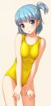  1girl bangs blue_eyes blue_hair breasts child commentary_request contrapposto eyebrows_visible_through_hair head_tilt looking_at_viewer medium_breasts one-piece_swimsuit one_side_up original poripori shiny shiny_hair short_hair standing swimsuit yellow_swimsuit 