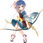  1girl archery arrow artist_request blue_hair blue_skirt bow_(weapon) brown_eyes flower full_body gloves hair_flower hair_ornament holding holding_arrow holding_bow_(weapon) holding_weapon kitsuki_(oshiro_project) kyuudou muneate official_art oshiro_project oshiro_project_re partly_fingerless_gloves quiver short_hair skirt smile transparent_background weapon yugake 