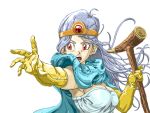  1girl blue_hair blush breasts cape circlet cleavage dragon_quest dragon_quest_iii elbow_gloves gloves large_breasts long_hair open_mouth red_eyes sage_(dq3) solo staff 