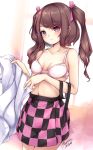  1girl artist_name bangs bare_arms bra breasts brown_hair checkered checkered_skirt cleavage collarbone cowboy_shot hair_ribbon highres himekaidou_hatate long_hair looking_at_viewer maremay0513 pink_bra pink_skirt ribbon shirt shirt_removed signature skirt small_breasts solo touhou twintails underwear violet_eyes white_shirt 