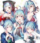  5girls absurdres ahoge aqua_hair arm_up blue_hair blush detached_sleeves double_bun hatsune_miku highres long_hair looking_at_viewer multiple_girls one_eye_closed open_mouth paw_pose rokku smile twintails vocaloid 