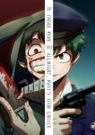  1boy animal_hood blood blood_on_face boku_no_hero_academia bunny_hood closed_mouth crazy_smile english freckles frown green_eyes green_hair gun handgun hat knife midoriya_izuku personality_switch pistol police police_hat police_uniform red_eyes revolver split_screen text uniform weapon 