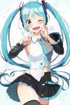  1girl aqua_eyes aqua_hair black_legwear blush cowboy_shot detached_sleeves hatsune_miku highres long_hair looking_at_viewer miku_append nail_polish necktie one_eye_closed sakuragi_ren solo thigh-highs twintails vocaloid vocaloid_append white_background 