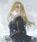  1girl blonde_hair blue_eyes coat eyebrows_visible_through_hair floating_hair frown fullmetal_alchemist gloves grey_background long_hair looking_at_viewer military military_uniform olivier_mira_armstrong one_eye_covered riru serious simple_background snow solo_focus uniform 