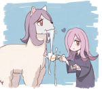  1girl alpaca animalization blue_background blue_robe closed_mouth commentary_request cup dot_nose hair_over_one_eye heart little_witch_academia looking_at_viewer one_eye_covered pink_hair purple_hair red_eyes robe saliva smile standing sucy_manbavaran teacup umiroku wide_sleeves 