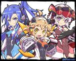  3girls :d ahoge black_border blue_hair border brown_eyes brown_hair covered_navel grin headgear headphones kazanari_tsubasa leotard multiple_girls mutsuki_riichi open_mouth punching purple_hair senki_zesshou_symphogear side_ponytail smile tachibana_hibiki_(symphogear) twitter_username violet_eyes white_background yukine_chris 