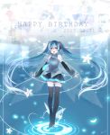  1girl aqua_eyes aqua_hair boots dated detached_sleeves floating_hair happy_birthday hatsune_miku headset highres kuroi_(liar-player) long_hair looking_at_viewer nail_polish necktie open_mouth skirt solo thigh-highs thigh_boots twintails vocaloid 