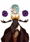  1girl alternate_color aqua_hair artist_request bare_shoulders black_dress bob_cut breasts cleavage collarbone covered_navel dark_persona dress elbow_gloves energy_ball expressionless gardevoir garter_straps gloves hair_over_one_eye hips looking_at_viewer medium_breasts mega_gardevoir mega_pokemon multicolored_hair orange_eyes personification pokemon pokemon_(game) shiny_pokemon short_hair simple_background solo source_request strapless thigh-highs thighs two-tone_hair waist 