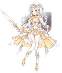  1girl armor blush breasts cleavage elbow_gloves eyebrows_visible_through_hair full_body garter_straps gloves holding holding_shield holding_sword holding_weapon large_breasts long_hair looking_at_viewer open_mouth original pingo shield silver_hair solo sword thigh-highs weapon white_gloves white_legwear 