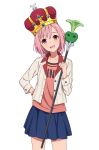  1girl black_skirt blush eyebrows_visible_through_hair hair_ornament hairclip highres holding holding_staff koharu_yoshino long_sleeves looking_at_viewer open_mouth pink_eyes pink_hair sakura_quest short_hair skirt smile solo staff yahiro_(epicopeiidae) 