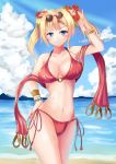  1girl bikini blonde_hair blue_eyes blush bracelet breasts cleavage flower granblue_fantasy hair_flower hair_ornament highres jewelry large_breasts long_hair looking_at_viewer mutsuki_melo navel open_mouth red_bikini smile solo sunglasses sunglasses_on_head swimsuit twintails zeta_(granblue_fantasy) 