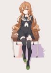  1girl :o absurdres aisaka_taiga black_serafuku brown_eyes brown_hair desk full_body highres icarus_(artist) long_hair on_desk pleated_skirt school_uniform serafuku sitting sitting_on_desk skirt slippers solo thigh-highs toradora! very_long_hair zettai_ryouiki 